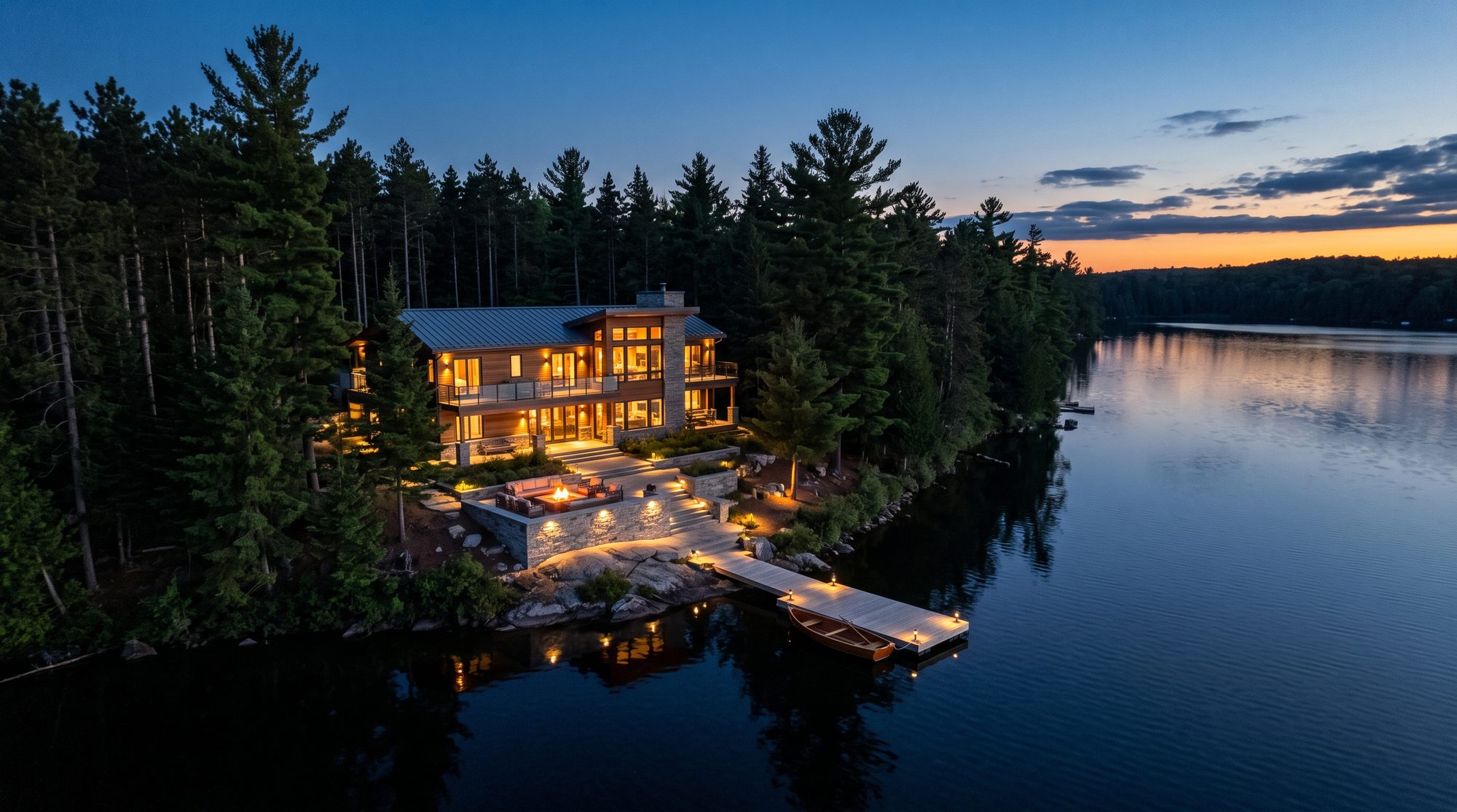 An aerial view of a lakeside vacation home at dusk