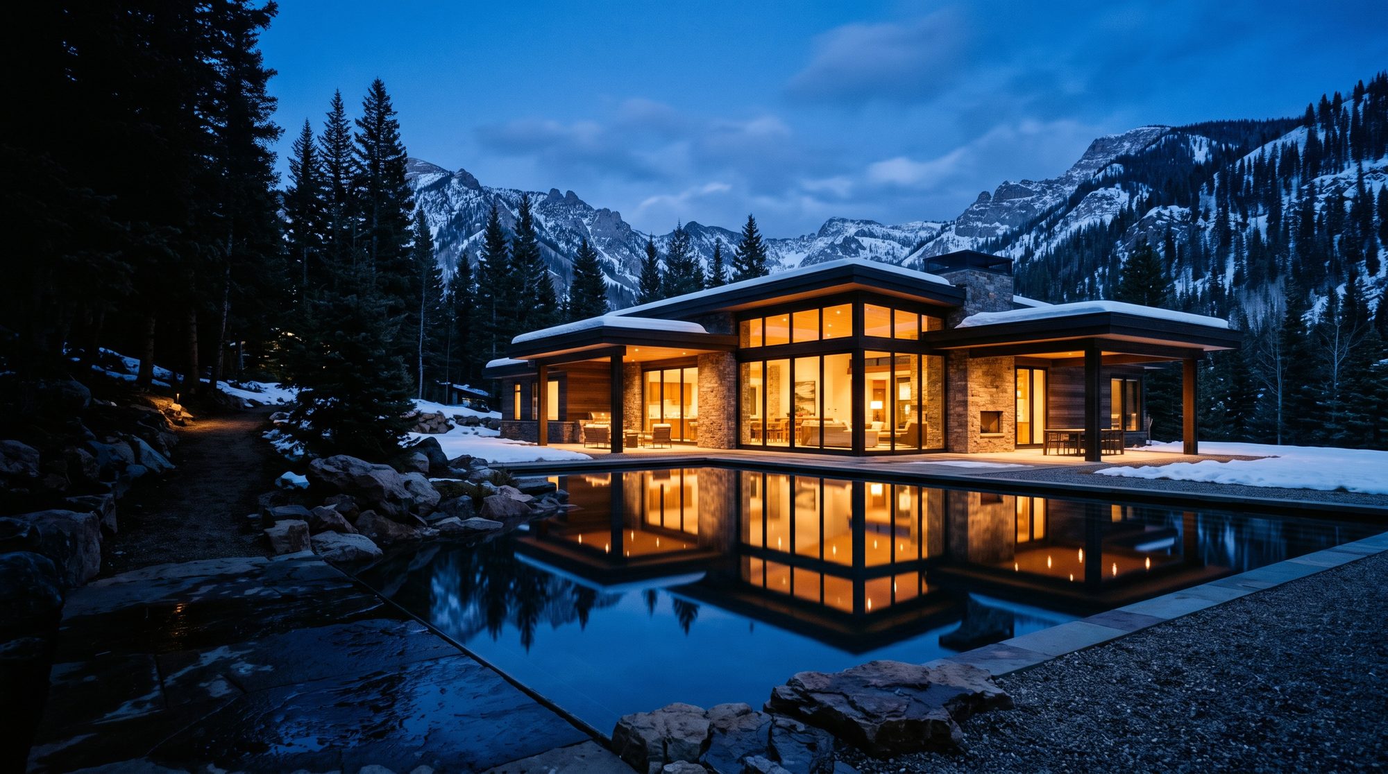 A modern mountain vacation home at blue hour reflected in a still pool