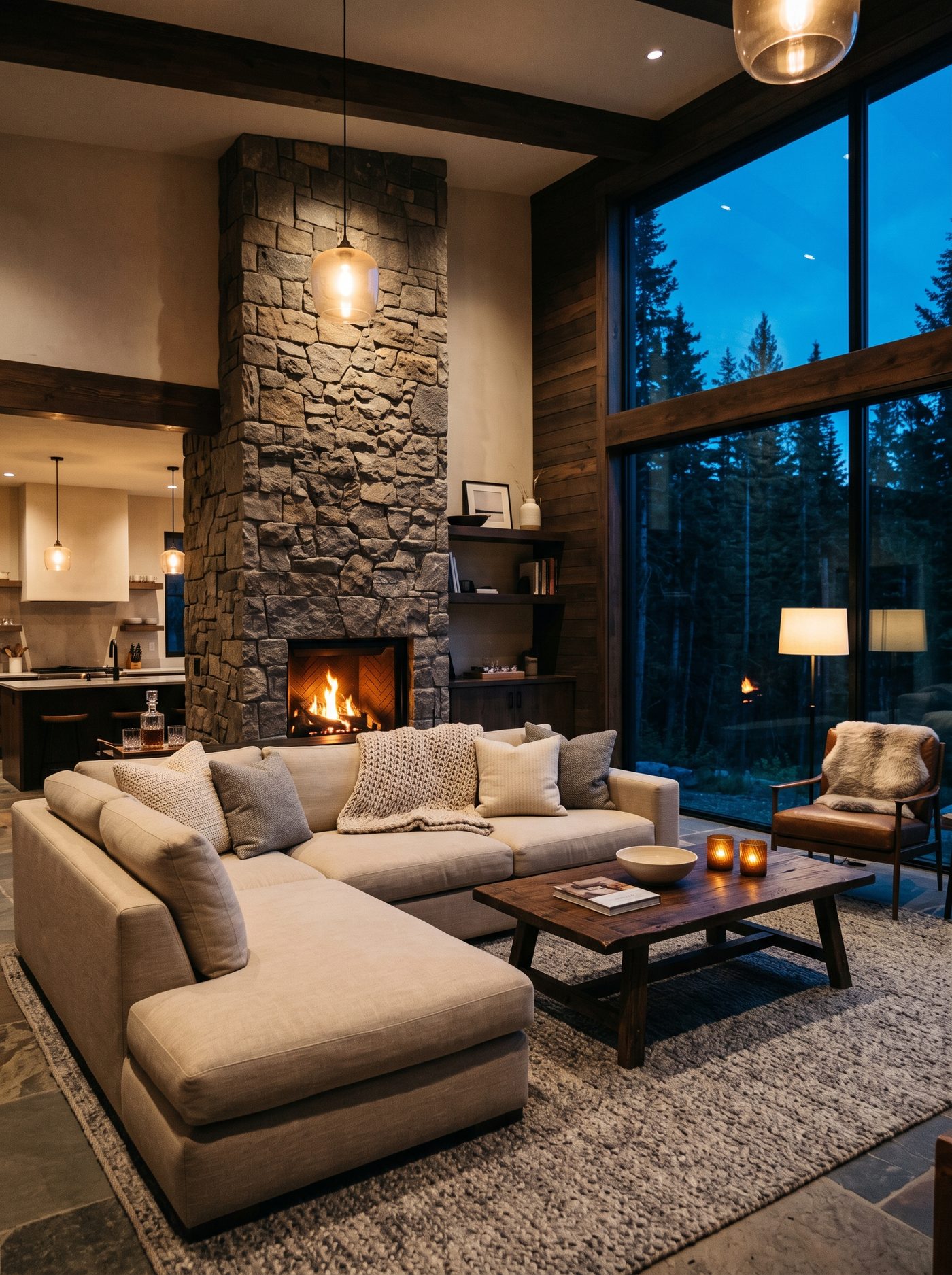 The warm lit interior of a furnished vacation home in the evening