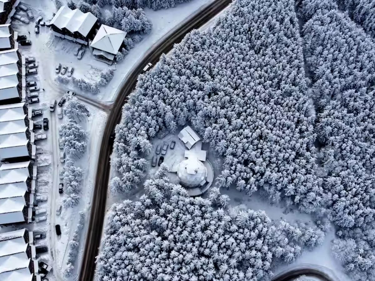 An aerial winter view of a member property in Snowshoe, West Virginia